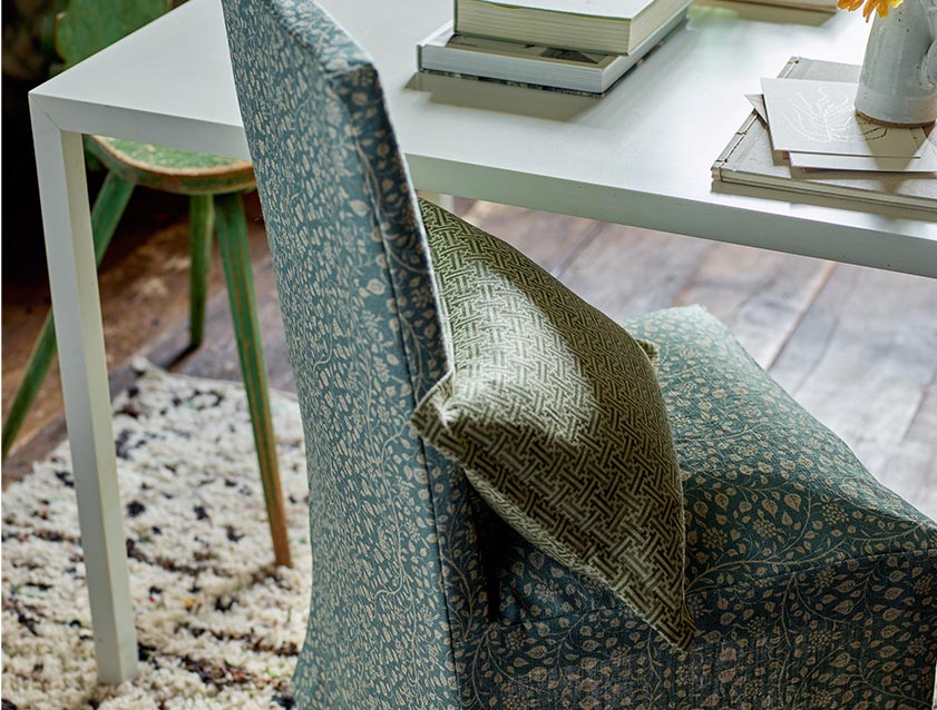 High backed chair in Spill Resistant RHS Gertrude Jekyll Small Trailing Vine Green